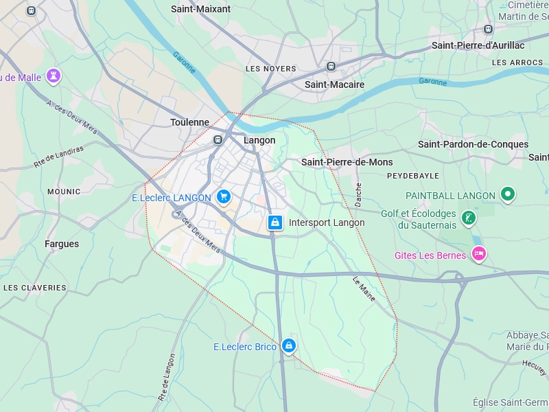 Carte Langon : Commerces, Garonne et environs Carte géographique centrée sur Langon, montrant les environs avec Toulenne, Saint-Maixant, E.Leclerc Langon, Intersport Langon et la rivière Garonne. Une zone délimitée par un trait rouge est visible.